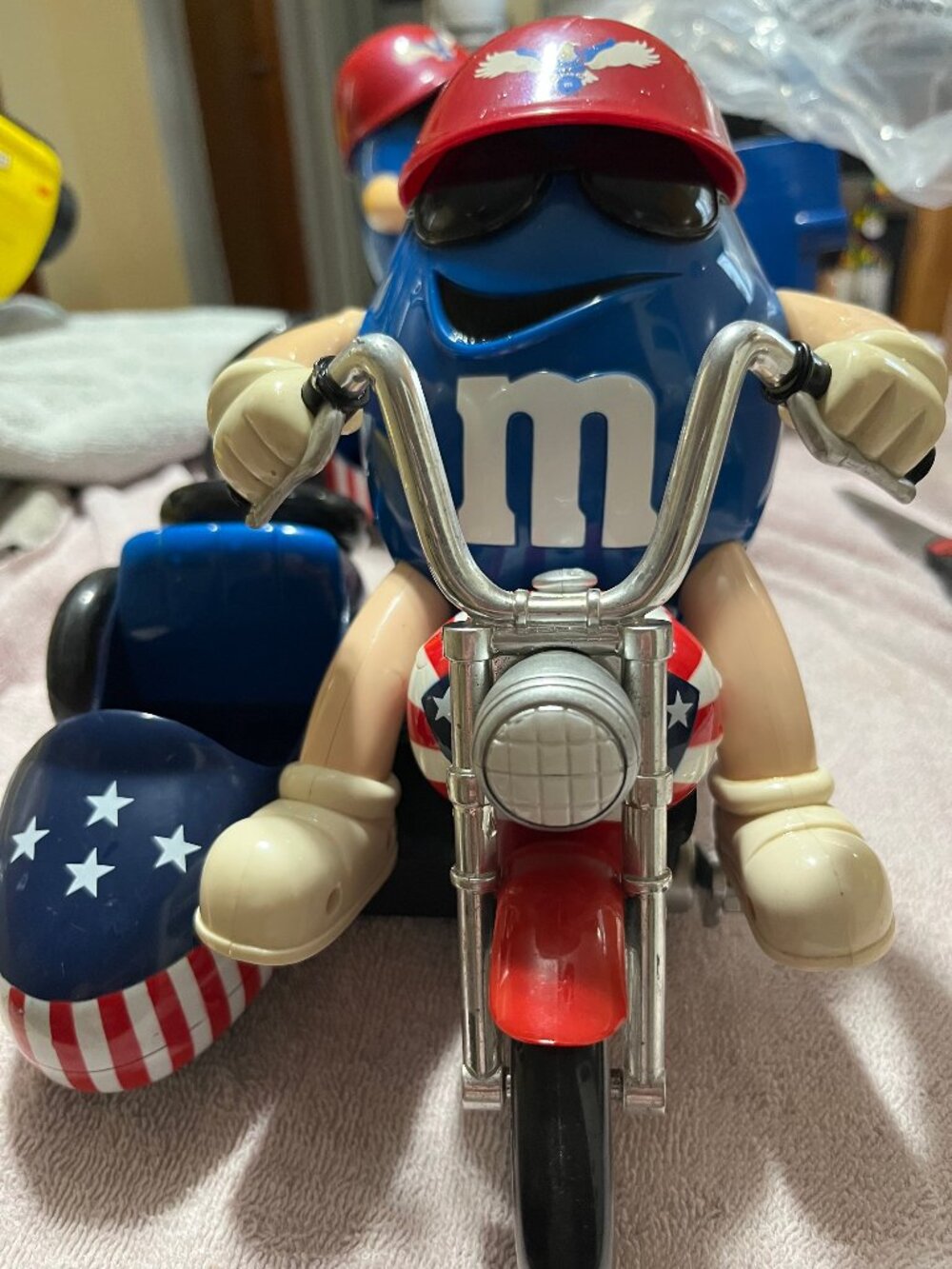 M&M's Blue M&M Candy Dispenser, Motorcycle Red Plastic American Flag Sidecar